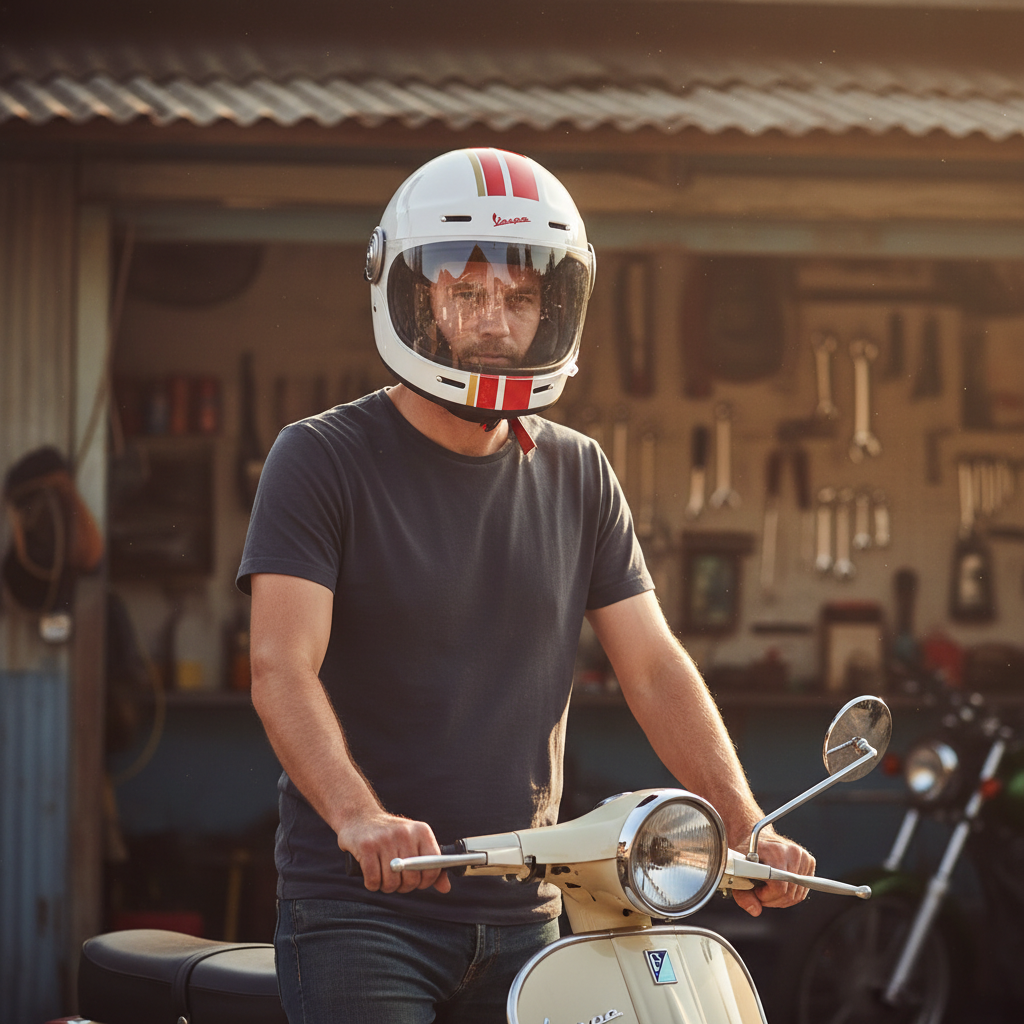 Uomo in officina su una Vespa indossa il casco integrale Vespa Racing Sixties bianco