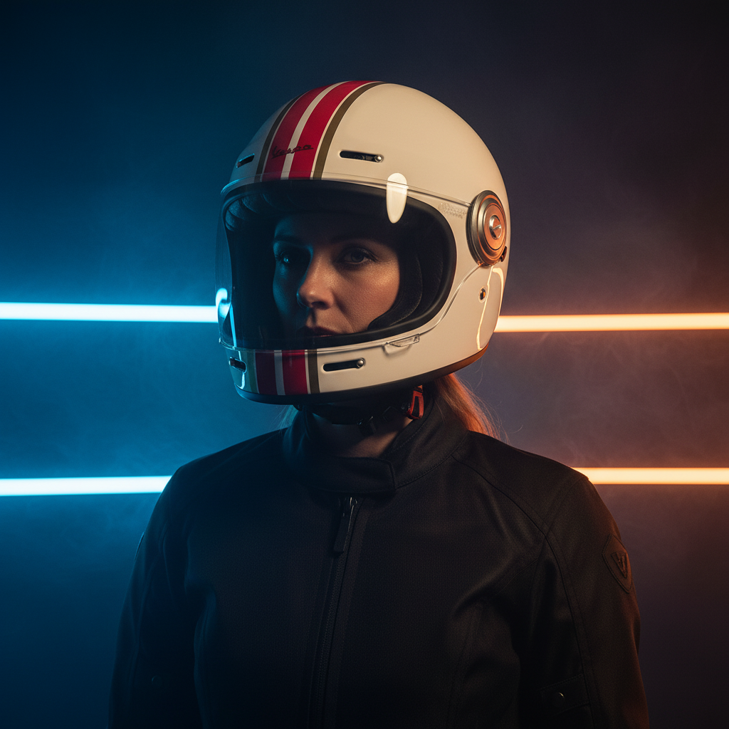 Immagine di presentazione: casco integrale retro di colore crema su fondo scuro con luci al neon