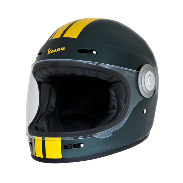 Casco integrale Vespa Racing Sixties verde scuro, tre quarti anteriore con doppia striscia gialla e logo Vespa