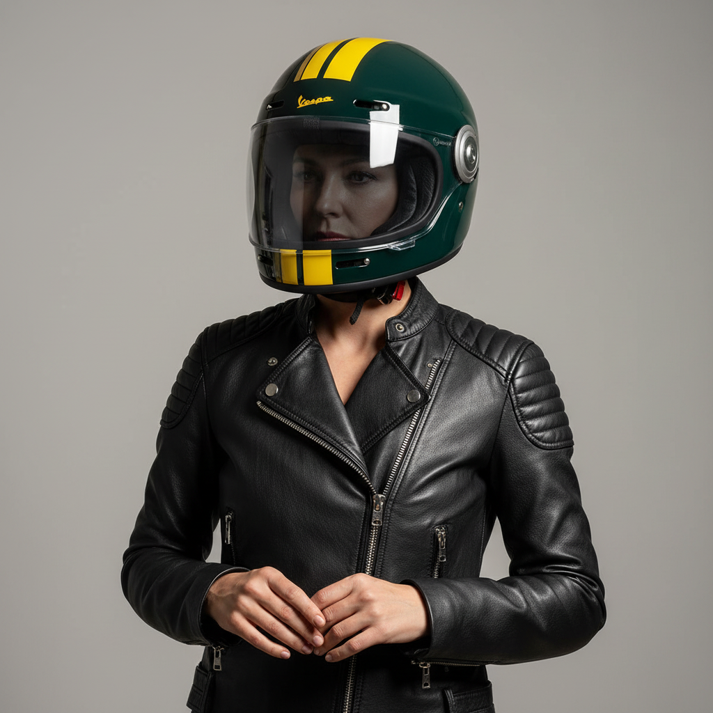 Donna con chiodo in pelle indossa il casco integrale Vespa Racing Sixties verde e giallo