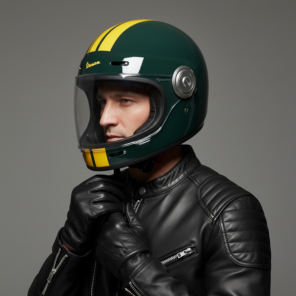 Uomo con giacca in pelle nera indossa il casco integrale Vespa Racing Sixties verde e giallo