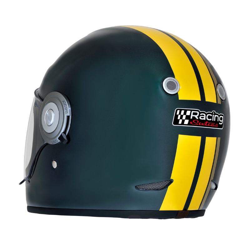 Casco integrale Vespa Racing Sixties verde, lato con decalcomania Racing Sixties ed estrattore d'aria posteriore
