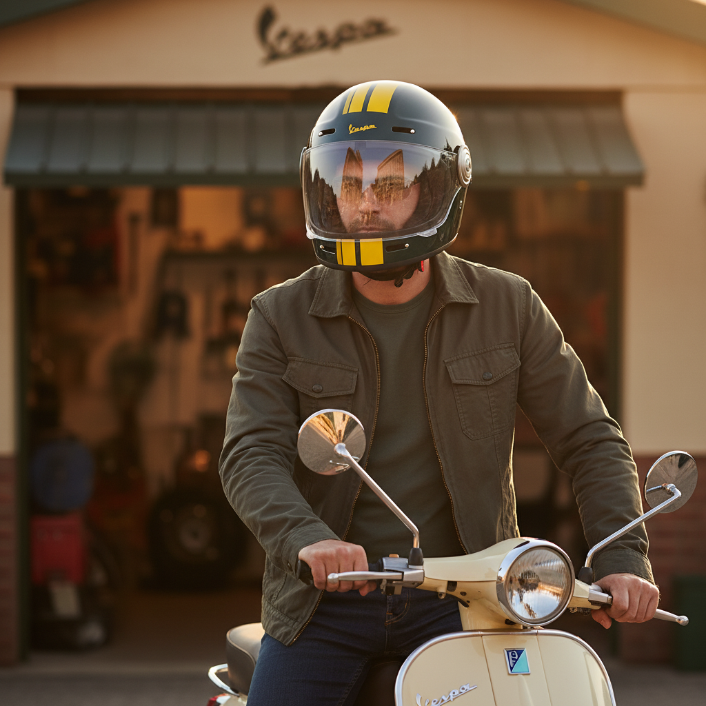 Uomo su una Vespa davanti a un negozio Vespa indossa il casco integrale Racing Sixties verde e giallo