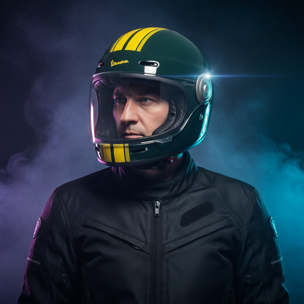 Casco integrale Vespa Racing Sixties verde e giallo indossato, ritratto su fondo scuro con fumo