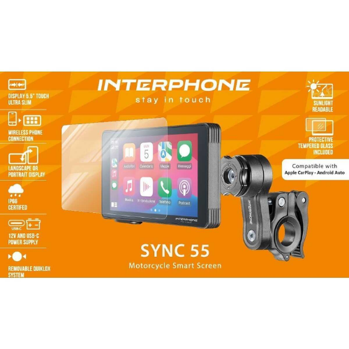 Confezione Interphone Sync 55 display moto 5,5 pollici CarPlay e Android Auto con vetro temperato incluso