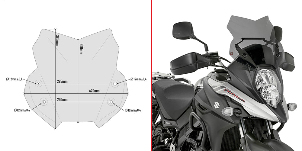 Cupolino fumé Givi D3112B, gemello del Kappa KD3112B, con le quote della lastra e montato su Suzuki V-Strom 650, foto ufficiale Givi