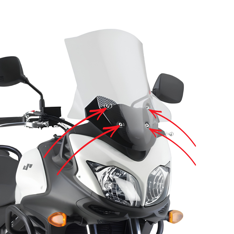 Kit attacchi Kappa D3101KITK: punti di fissaggio indicati sul cupolino 3101DT montato su Suzuki DL 650 V-Strom, foto del prodotto