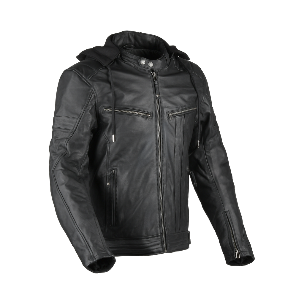 Difi Detroit 3 giacca moto in pelle nera con cappuccio, vista frontale