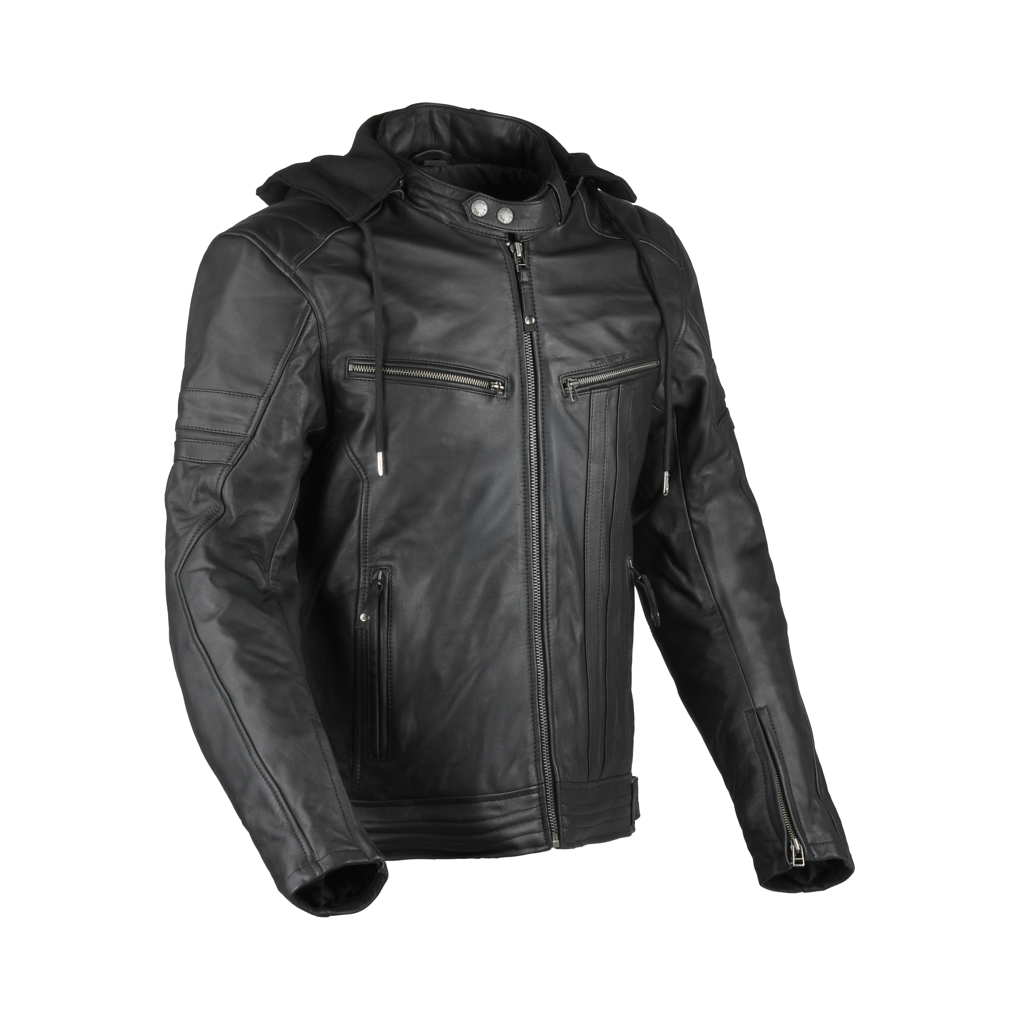 Difi Detroit 3 giacca moto in pelle nera con cappuccio, vista frontale