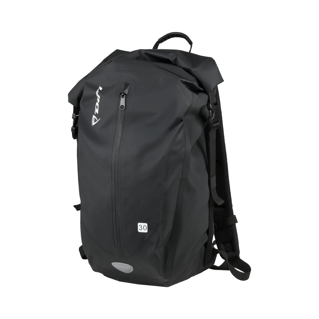 Zaino impermeabile Difi DryCore nero con chiusura roll-top, vista di tre quarti