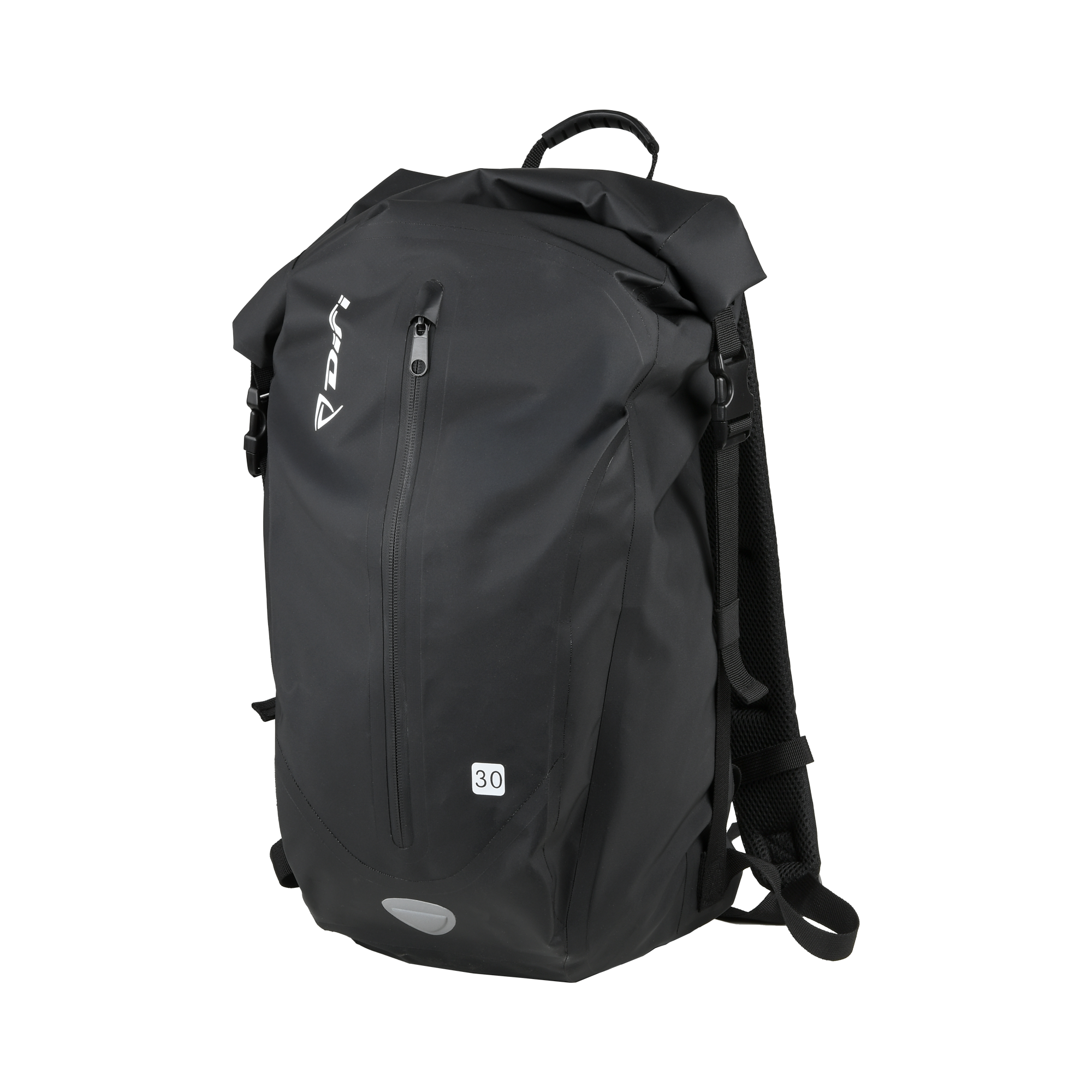 Zaino impermeabile Difi DryCore nero con chiusura roll-top, vista di tre quarti