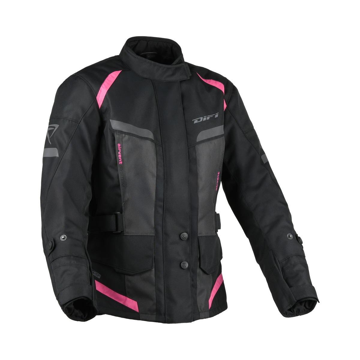Difi Horizon Aerotex Donna 102.258.186 giacca moto nera con dettagli rosa, fronte