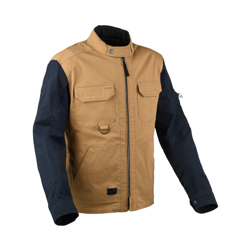 Giacca moto Difi Hudson marrone chiaro con maniche blu, fronte
