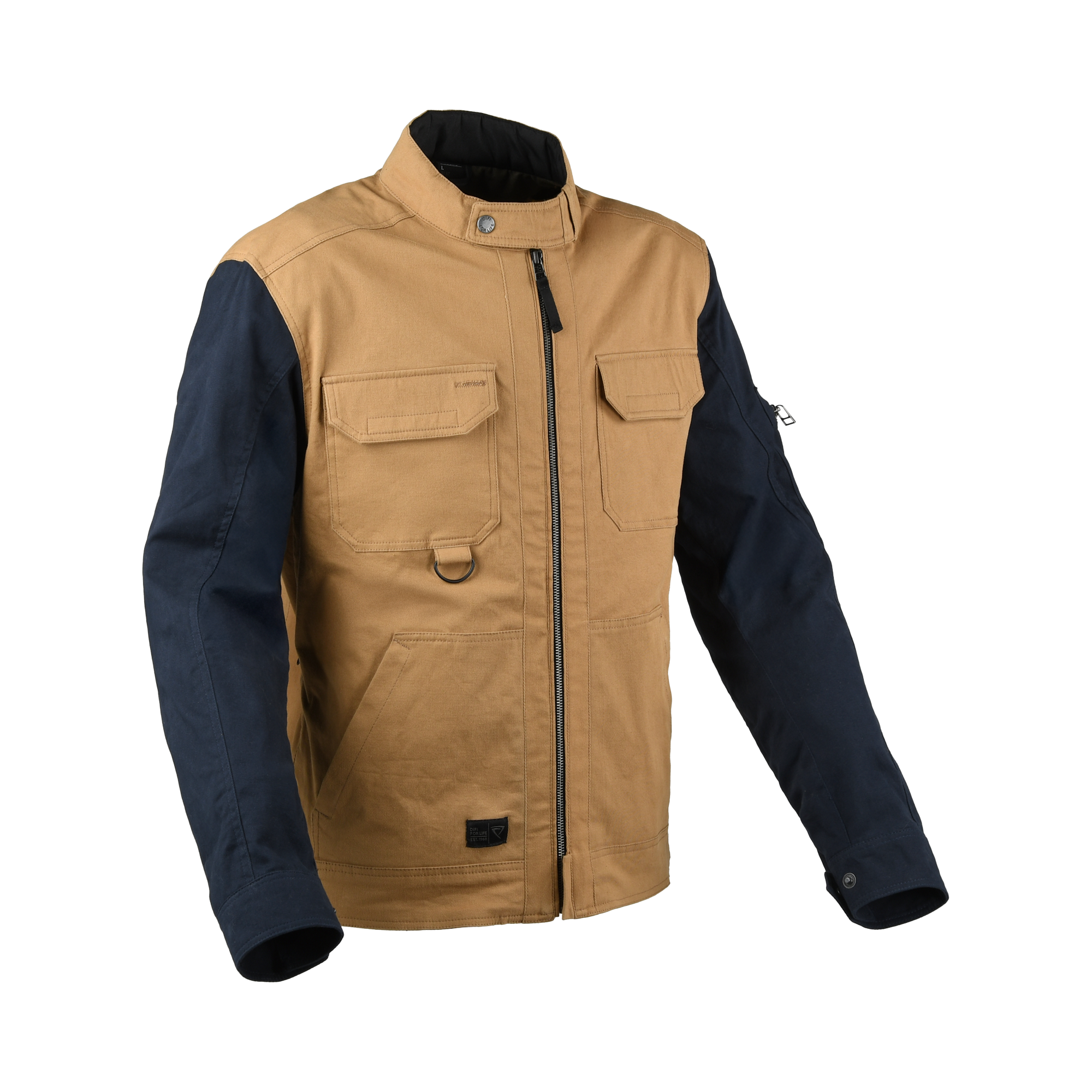Giacca moto Difi Hudson marrone chiaro con maniche blu, fronte