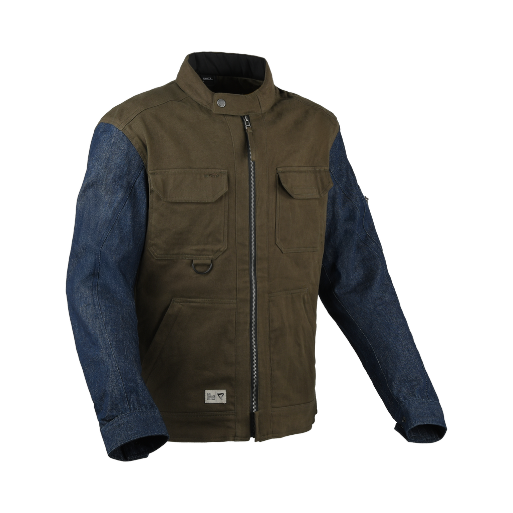 Difi Hudson giacca moto verde con maniche blu denim, vista frontale