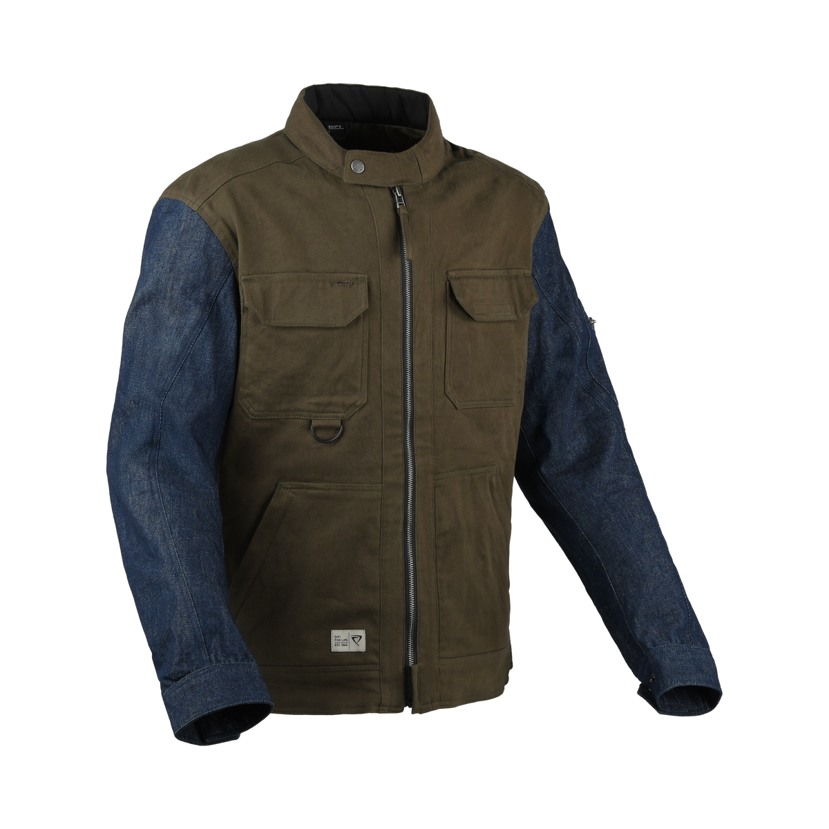Difi Hudson giacca moto verde con maniche blu denim, vista frontale