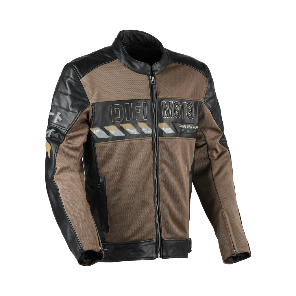 Difi Iconic Air giacca moto in pelle marrone e nera, vista frontale