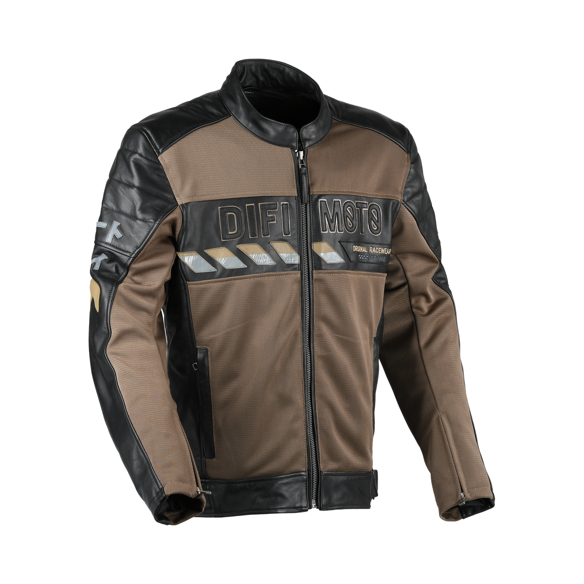 Difi Iconic Air giacca moto in pelle marrone e nera, vista frontale