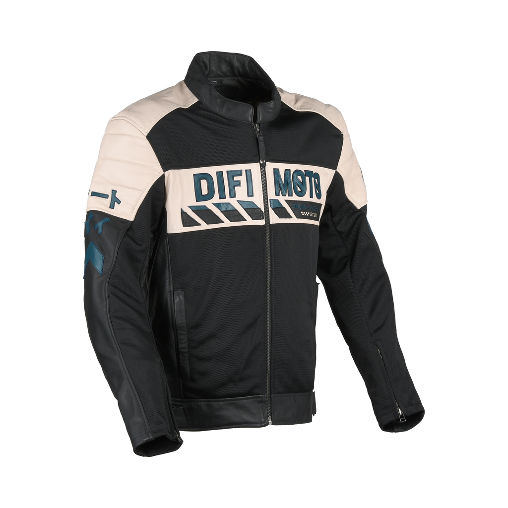 Difi Iconic Air giacca moto in pelle nera e beige, vista frontale con zip