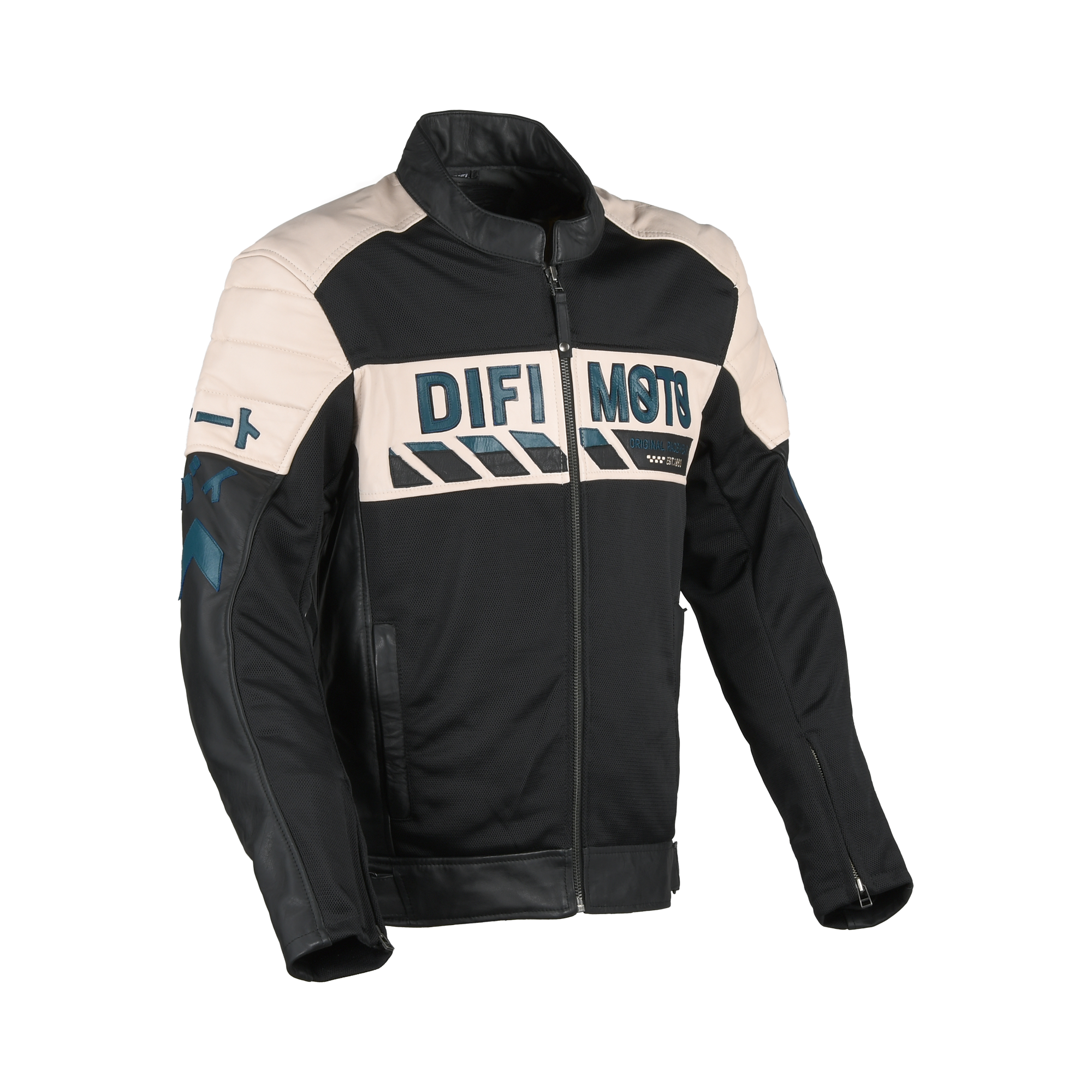 Difi Iconic Air giacca moto in pelle nera e beige, vista frontale con zip