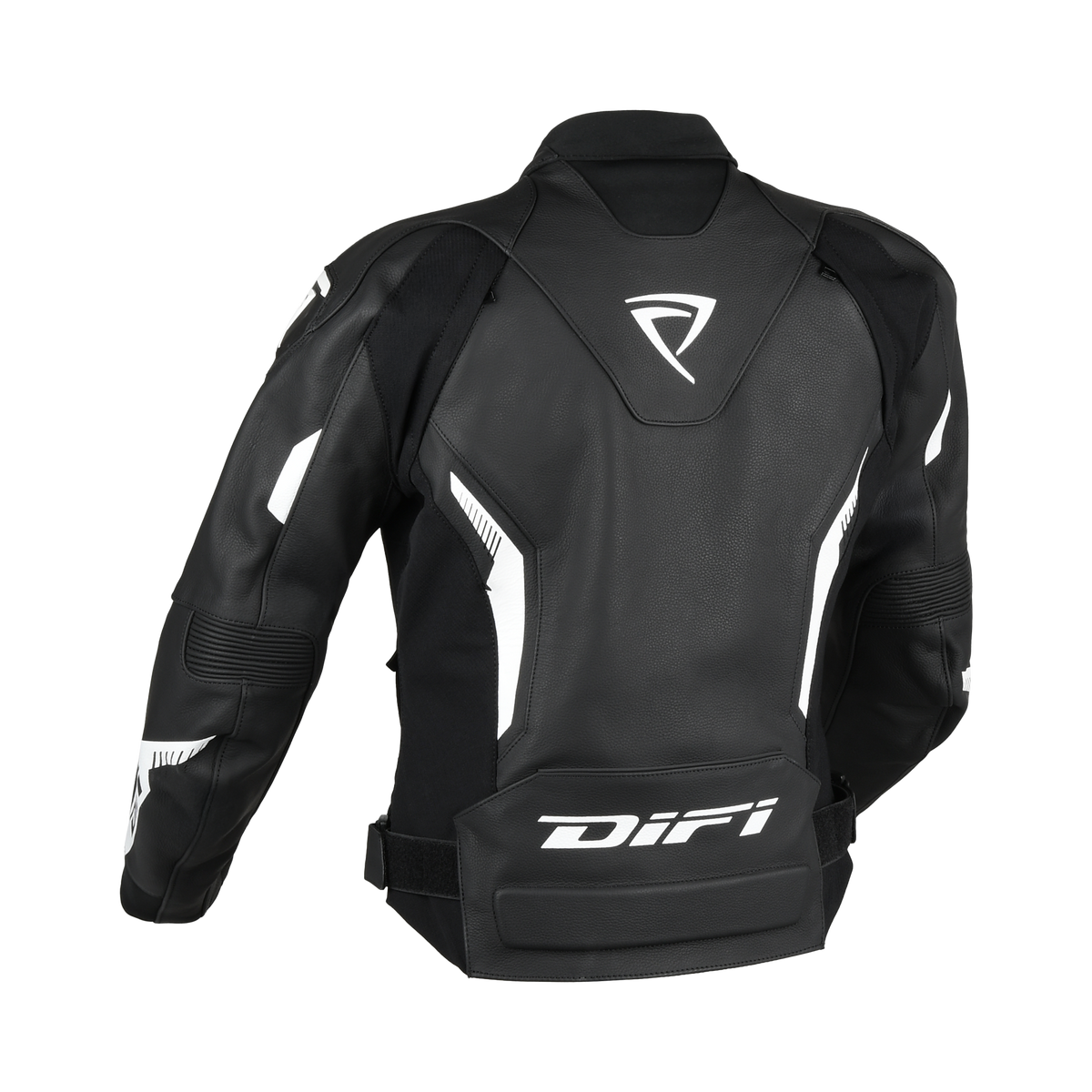 Giacca in pelle da moto donna Difi Instinct nera e bianca, vista da dietro