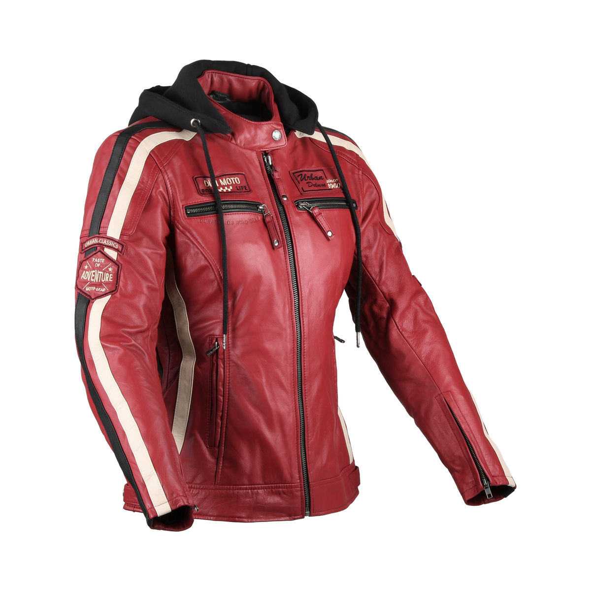 Difi Jolene 3 giacca moto donna in pelle rossa con bande bianche