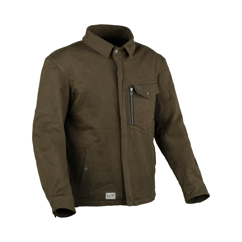 Difi Kingston camicia moto verde oliva con tasche sul petto, fronte