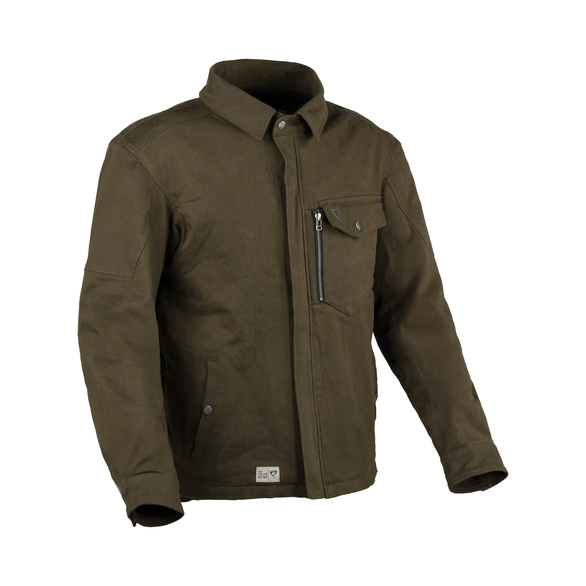 Difi Kingston camicia moto verde oliva con tasche sul petto, fronte