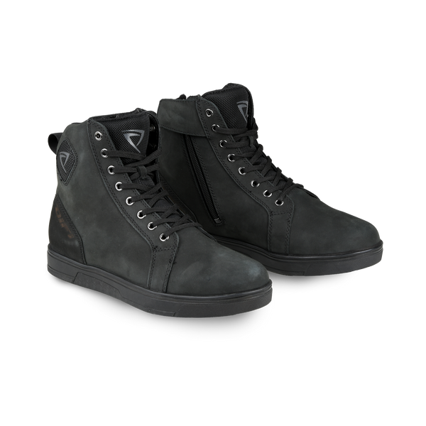 Sneaker moto impermeabile Difi Nomad AX nera in pelle, vista laterale con zip