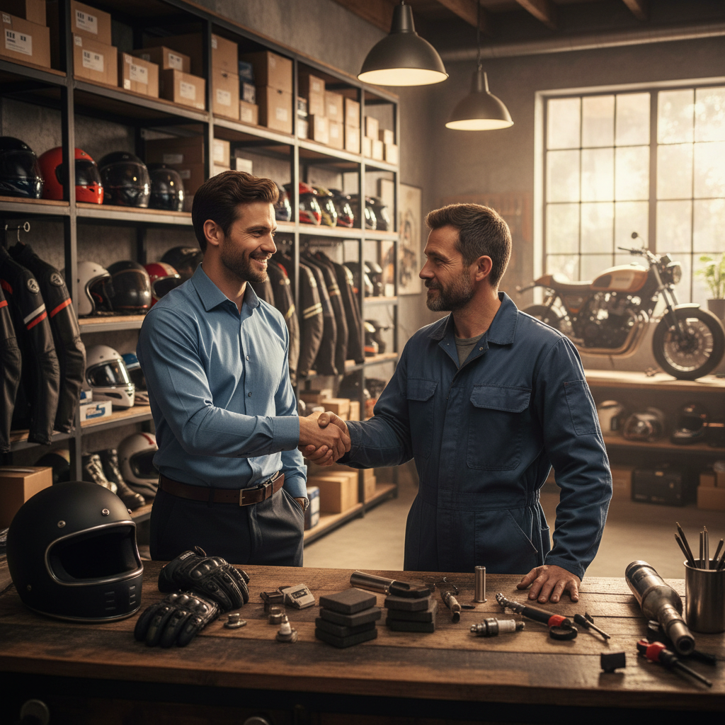 fammi una immagine di un accordo di partnership con due persone. tra un venditore di ricambi, accessori, abbigliamento e caschi per moto e scooter con un meccanico in un negozio. la scena deve essere realistica e cinematografica e il formato dell'immagine in 1:1