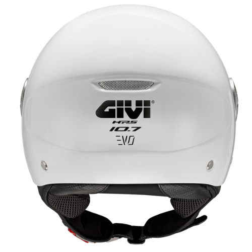 Casco demi-jet Givi 10.7 EVO Bianco Lucido visto da dietro, con logo Givi ed estrattore posteriore