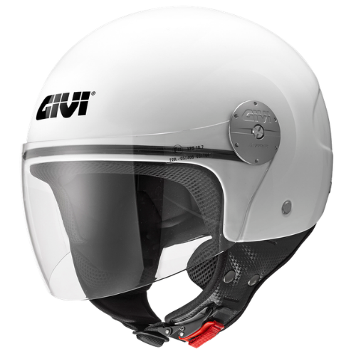 Casco demi-jet Givi 10.7 EVO Bianco Lucido visto di tre quarti, con visiera trasparente