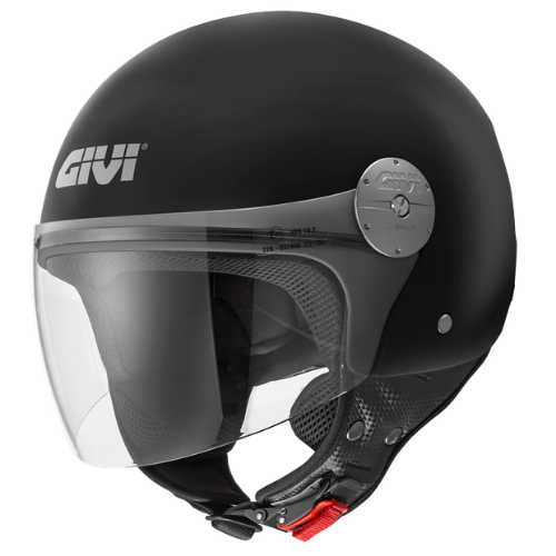 Casco demi-jet Givi 10.7 EVO Nero Opaco visto di tre quarti, con visiera trasparente