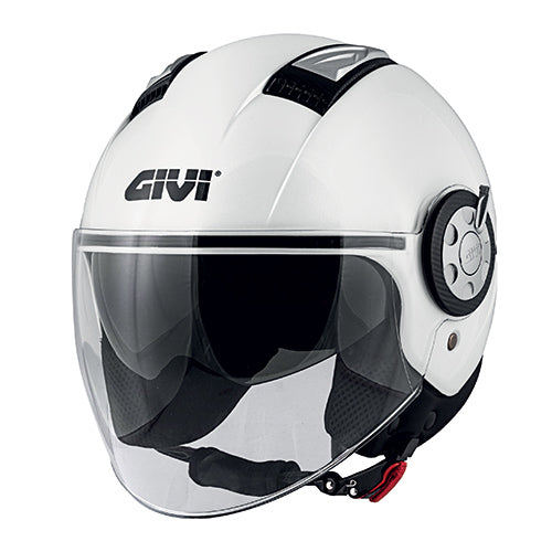 Givi 11.1 Air Jet-R Solid Color bianco lucido H111LB910: casco jet visto di tre quarti, con visiera lunga trasparente