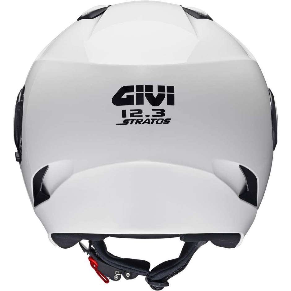 Retro del casco jet Givi 12.3 Stratos H123BB910 bianco lucido con scritta 12.3 Stratos ed estrattori