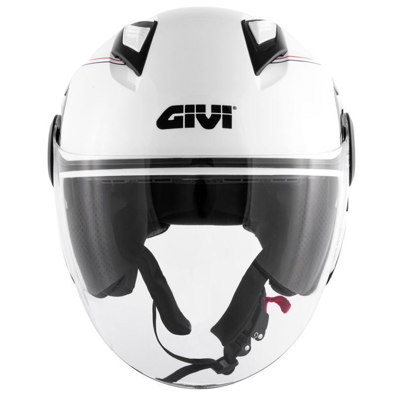 Casco jet Givi 12.3 Stratos Thanatos bianco lucido visto di fronte, visiera trasparente e visierino