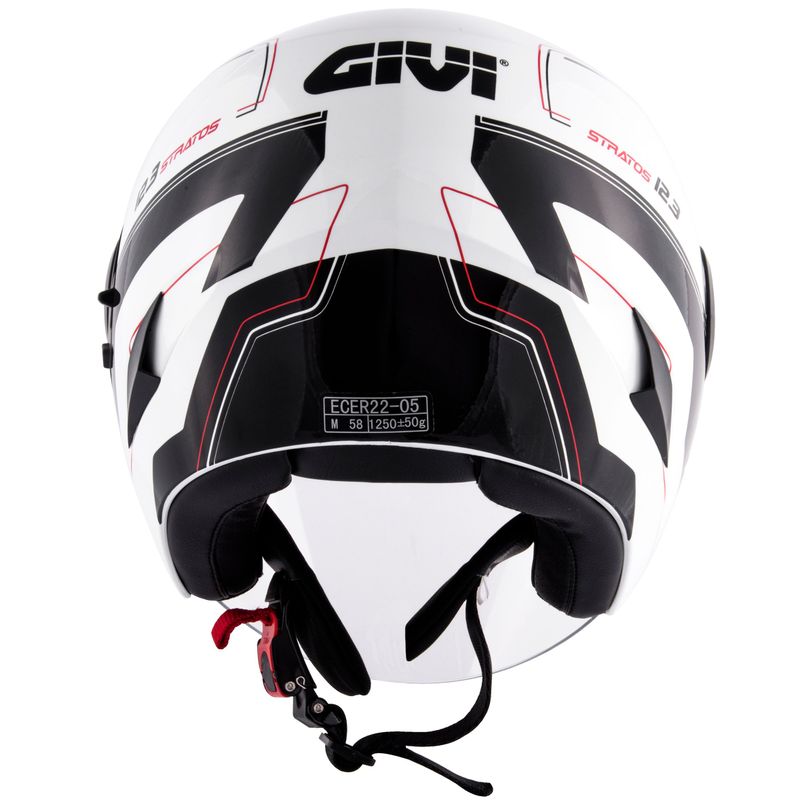 Retro del Givi 12.3 Stratos Thanatos bianco lucido con i due estrattori d'aria posteriori