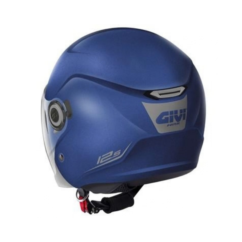 Retro del Givi 12.5 blu metallizzato opaco con estrattore posteriore e logo GIVI grigio