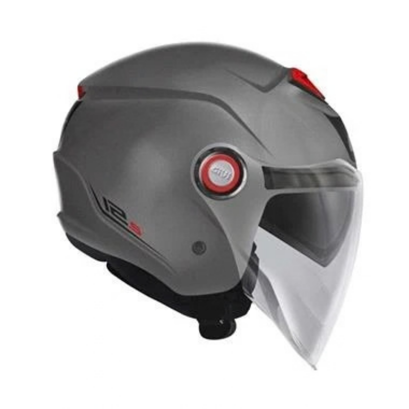 Fianco destro del casco jet Givi 12.5 titanio opaco con anello rosso sul perno della visiera
