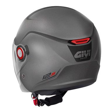 Retro del Givi 12.5 titanio opaco con estrattore posteriore rosso e logo GIVI su fondo nero
