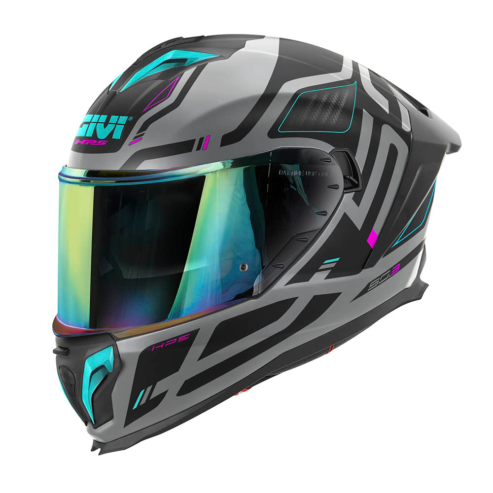 Givi 50.3 Quasar H503FQSGP casco integrale grigio opaco/nero/fucsia/azzurro – vista di tre quarti anteriore