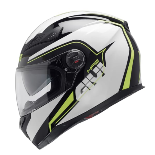 Givi 50.4 Sniper Spectrum bianco lucido di lato con fasce nere e filetti giallo fluo