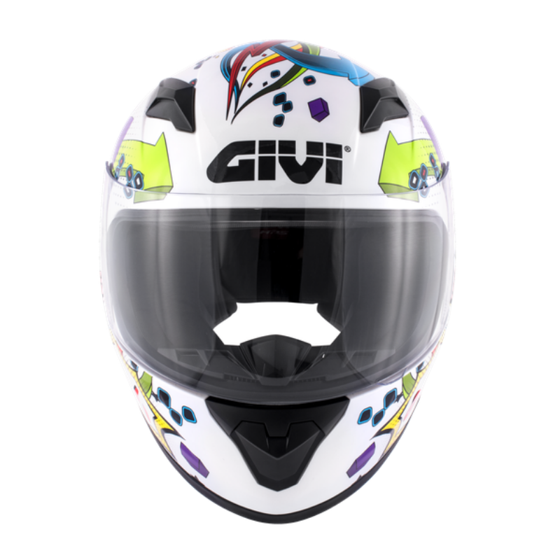 Casco integrale bambino Givi Junior 4 bianco e multicolore, vista frontale con logo GIVI nero
