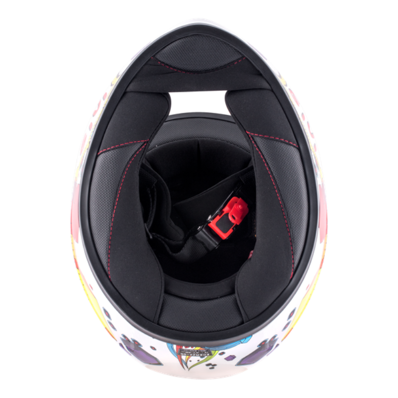 Casco integrale bambino Givi Junior 4 bianco e multicolore, visto da sotto con gli interni neri
