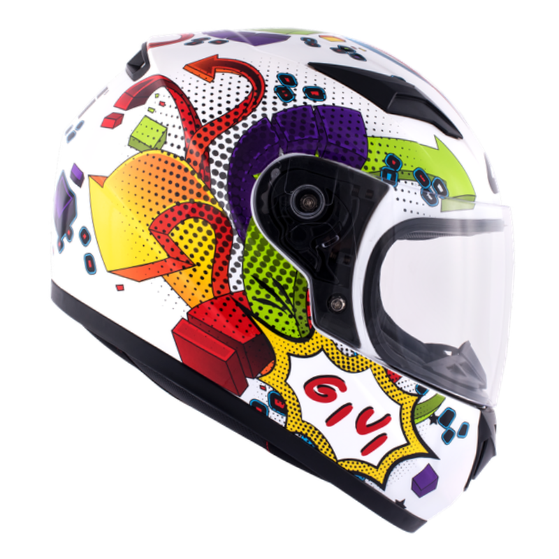 Casco integrale bambino Givi Junior 4 bianco e multicolore, fianco destro con frecce colorate
