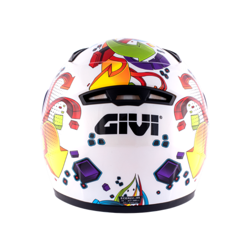 Casco integrale bambino Givi Junior 4 bianco e multicolore, retro con logo GIVI e presa d'aria