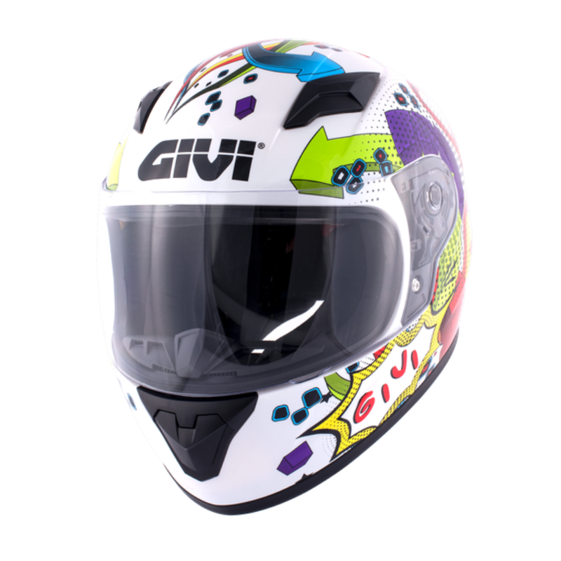 Casco integrale bambino Givi Junior 4 bianco e multicolore, vista di tre quarti con visiera chiusa