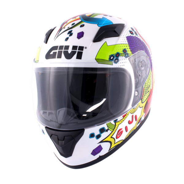 Casco integrale bambino Givi Junior 4 bianco e multicolore, vista di tre quarti con visiera chiusa