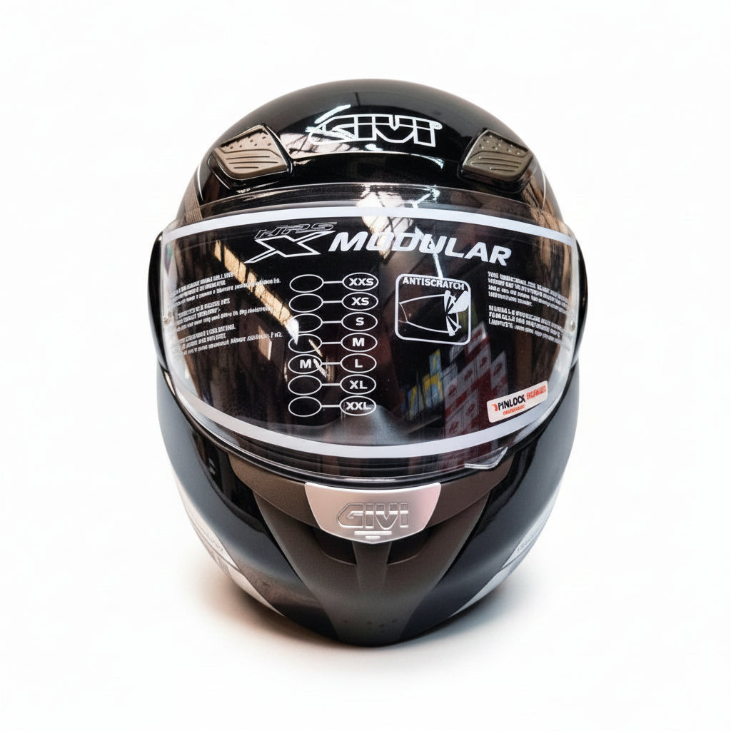 Casco modulare Givi X.08 X-Modular nero lucido con fasce argento, vista frontale con prese d'aria frontali