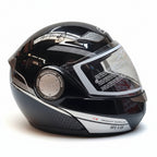 Casco modulare Givi X.08 X-Modular nero lucido con fasce argento, vista laterale con disco cromato